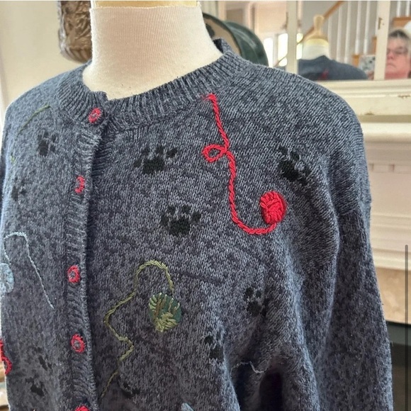 VINTAGE Cat Cardigan Size XL Blue Grey Heirloom Collectibles Ramie Cotton Blend - Picture 7 of 8